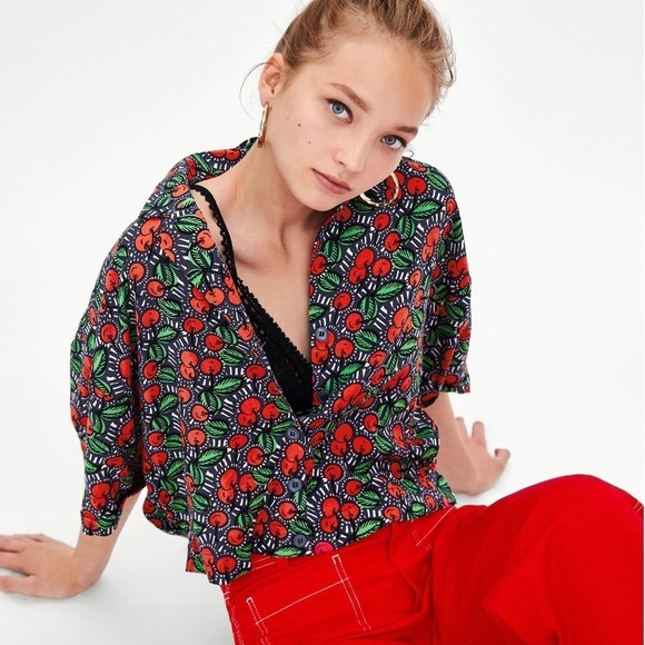 Zara Cherry Print Boxy Blouse - Picture 1 of 5